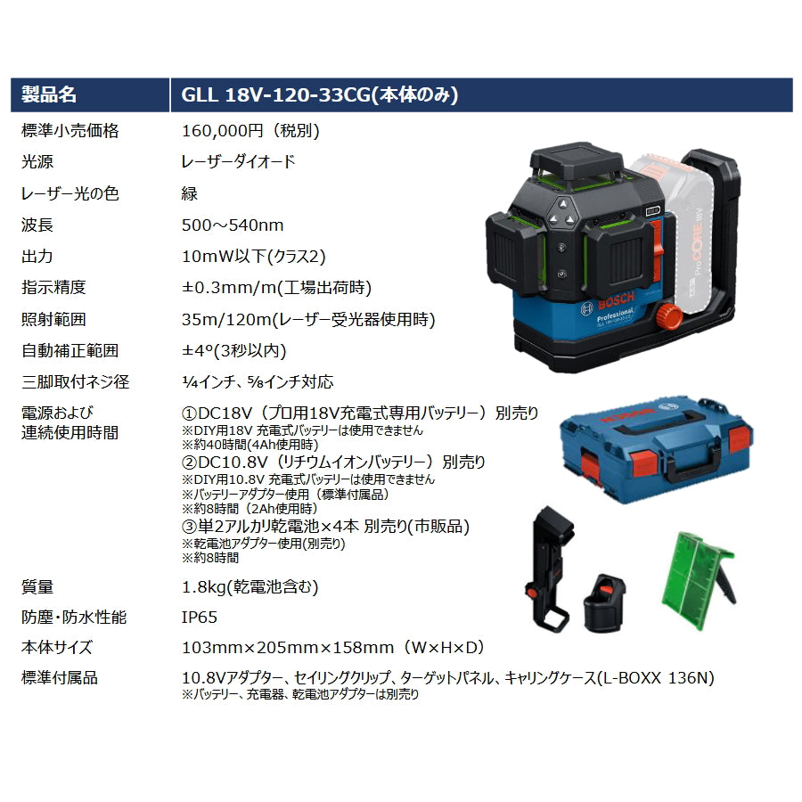 【限定特価】 ボッシュ グリーンレーザー墨出し器 GLL 18V-120-33CG フルライン ジンバル式