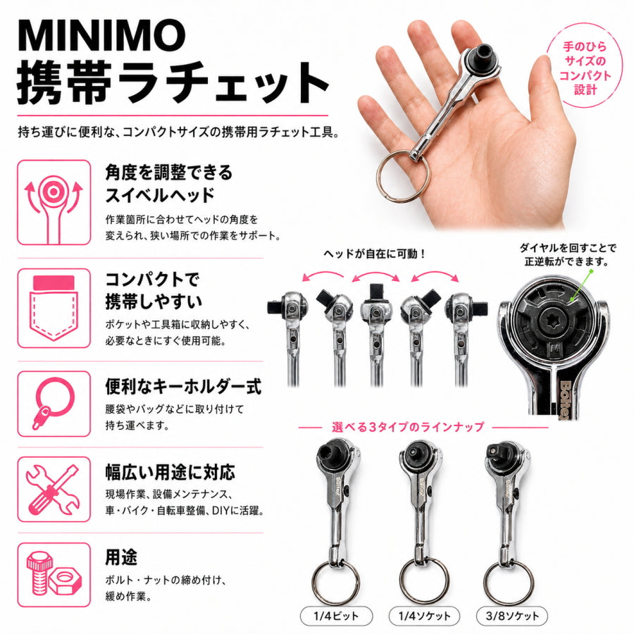 BOLTEX ボルテックス MINIMO ミニモ 小型携帯ラチェット スイベルヘッド キーホルダー式 1/4DRビット 1/4DR・3/8DRソケット