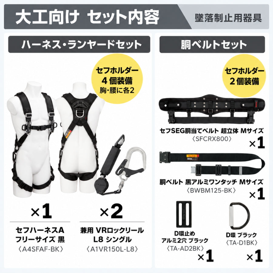 TAJIMA タジマ 大工職人向け 墜落制止用器具 7点セット セフハーネスS A4SFSF-BK 兼用VRロックリール2本 セフSEG胴当て 黒アルミ胴ベルト M L 建方 足場 高所作業 マルハンズオリジナル