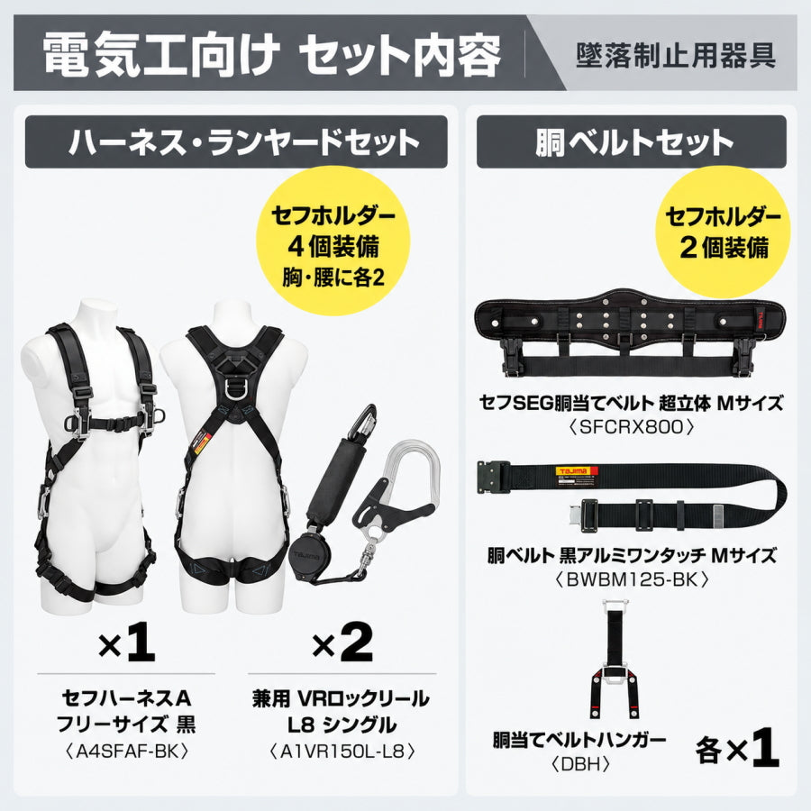 TAJIMA タジマ 職種別 墜落制止用器具セット 電気工向け 6点セット セフハーネスA VRロックリール ダブルランヤード 胴当て 胴ベルト M L マルハンズオリジナル