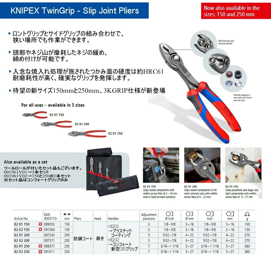 クニペックス スリップジョイントプライヤー ツイングリップ 8201 / 8202