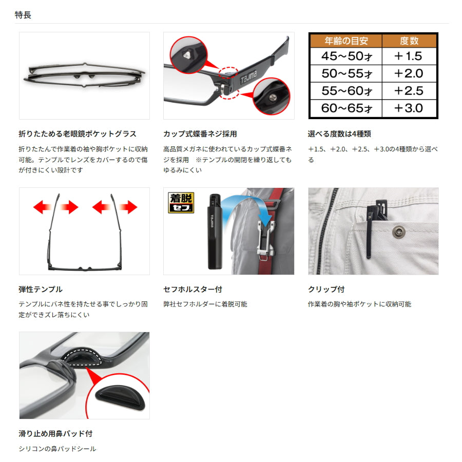 タジマ 老眼用ポケットグラス セフホルスター付 折りたたみ老眼鏡 RG-P15SFSET RG-P20SFSET RG-P25SFSET RG-P30SFSET +1.5 +2.0 +2.5 +3.0