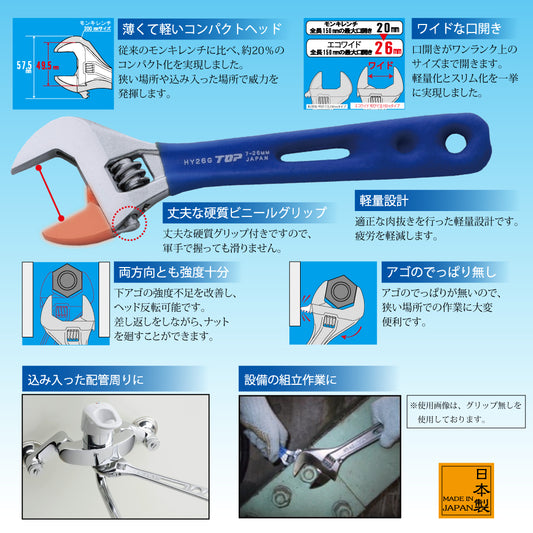 トップ工業 薄型軽量ワイドモンキレンチ エコワイド グリップ付 HY-G