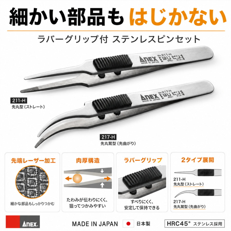 ANEX アネックス はじピン ラバーグリップ付 ステンレスピンセット 211