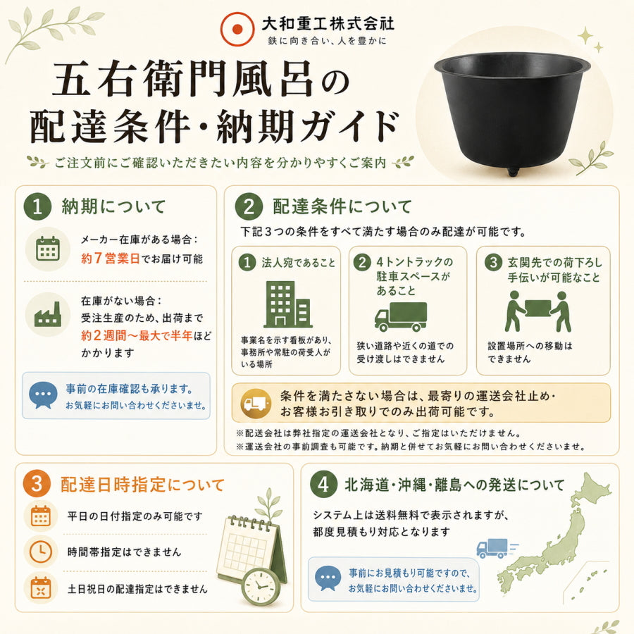 【北海道】五右衛門風呂 大和重工 五右衛門風呂 丸型80 直焚・給湯タイプ 490L 鋳物浴槽 水風呂