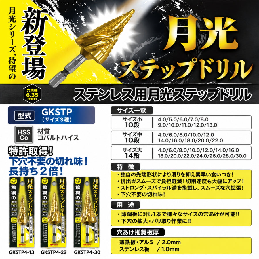 BIC TOOL 月光ステップドリル コバルト 六角軸 GKSTP4-13 GKSTP4-22 GKSTP4-30 鉄・ステンレス穴あけ