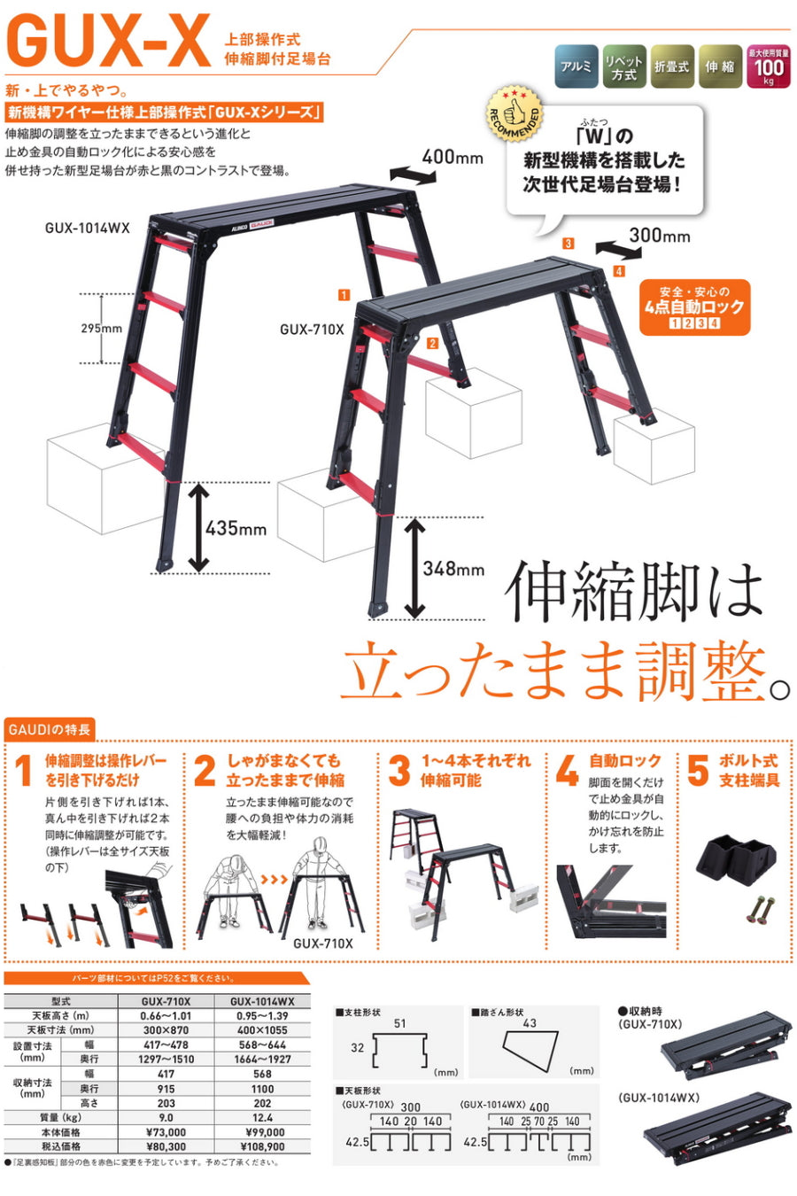 アルインコ 上部操作式伸縮脚付足場台 GUX-710X 天板ワイド GUX-1014WX
