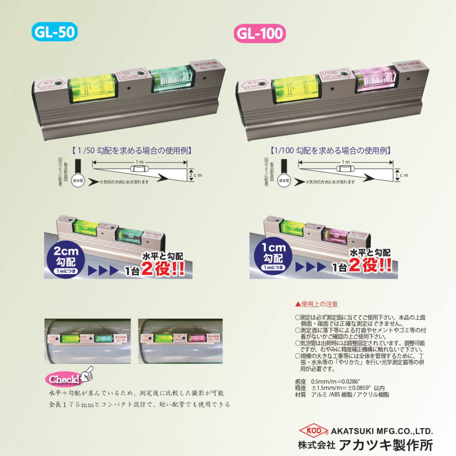 KOD アカツキ製作所 床下配管用 排水勾配器 175mm 水平 垂直 45度 気泡管 勾配測定 配管工具 アルミ ABS