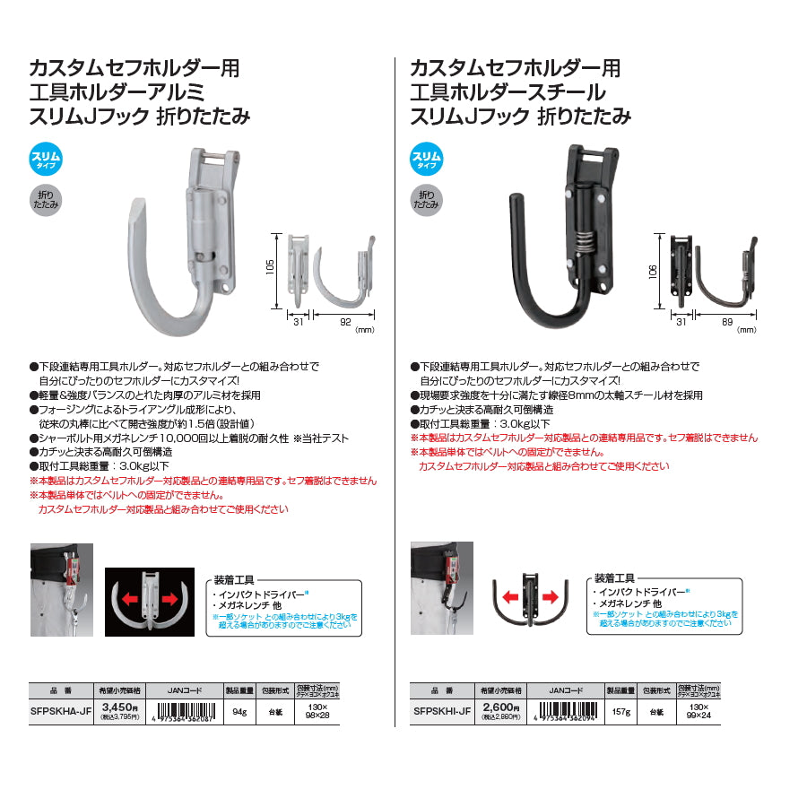 【予約品】 タジマ カスタムセフホルダー 下段用 工具ホルダー スリムカラビナ小 / スリムJフック 連結専用
