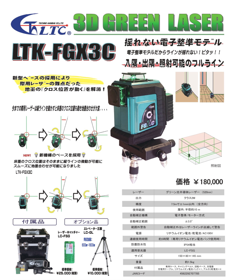 テクノ販売 LTK-FGX3C 電子整準 3Dグリーンレーザー フルライン 際出し