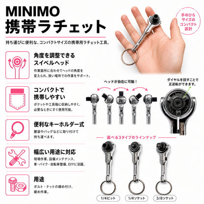 BOLTEX ボルテックス MINIMO ミニモ 小型携帯ラチェット スイベルヘッド キーホルダー式 1/4DRビット 1/4DR・3/8DRソケット
