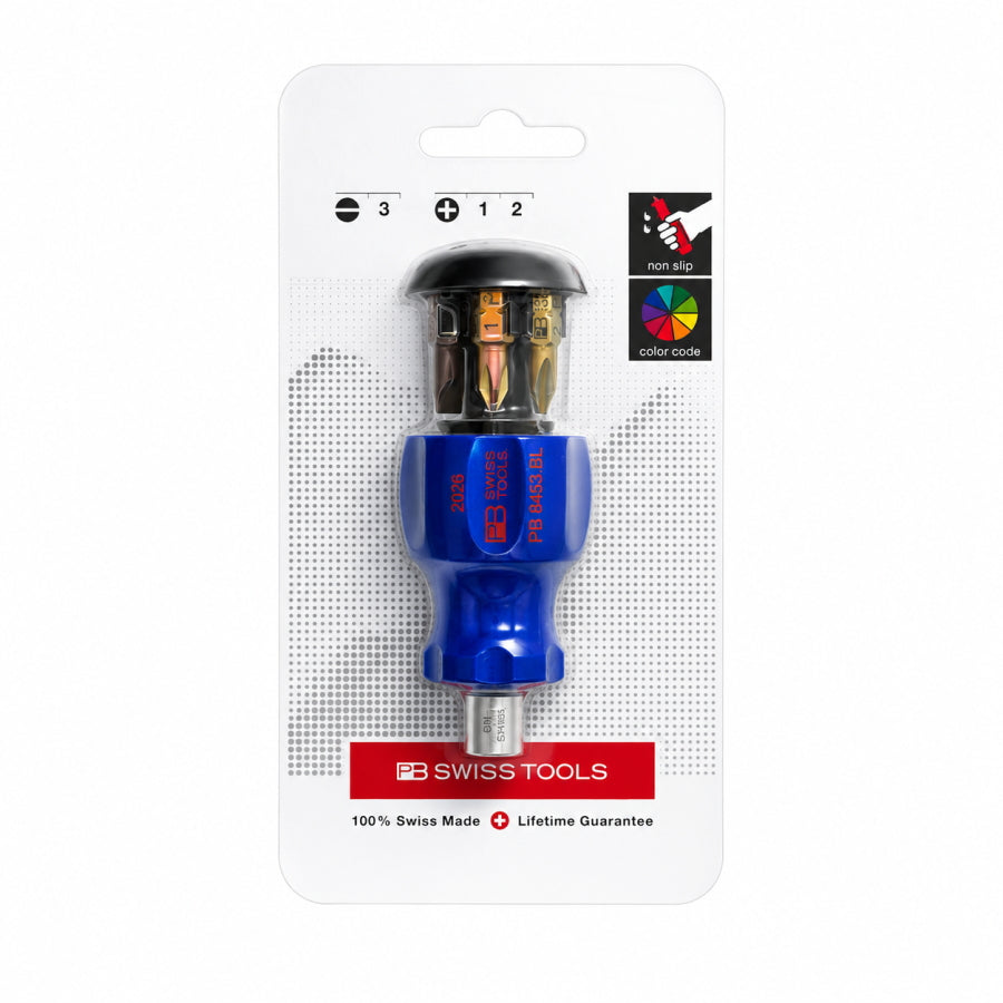 PB SWISS TOOLS 2026年限定 SIGNAL BLUE スタビーインサイダー ビットドライバーハンドル C6ビット対応 内部収納式 コンパクトドライバー