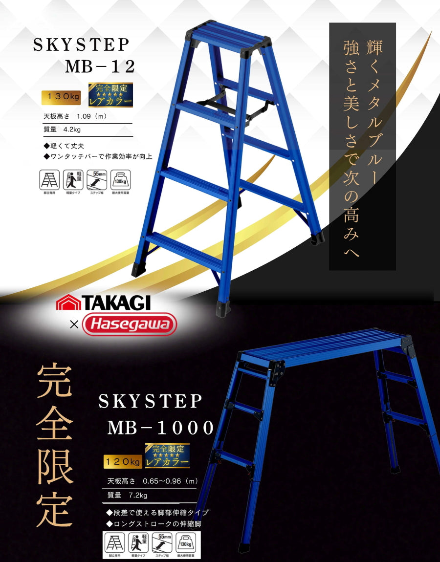 【限定品】 高儀 × ハセガワ メタルブルー 4尺脚立 MB-12 / 脚部伸縮足場台 MB-1000