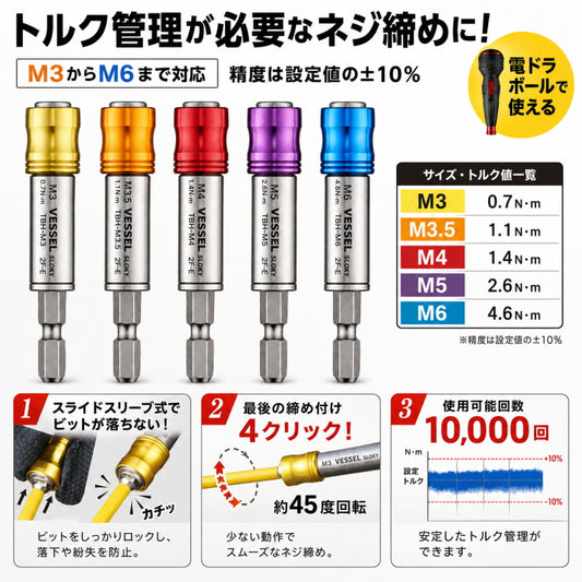 【6/2発売予約品】 VESSEL ベッセル トルクビットホルダー TBH-M3 TBH-M3.5 TBH-M4 TBH-M5 TBH-M6 TBH5S M3 M3.5 M4 M5 M6 電ドラボール対応 簡易トルク管理ツール ネジ締め用ビットホルダー