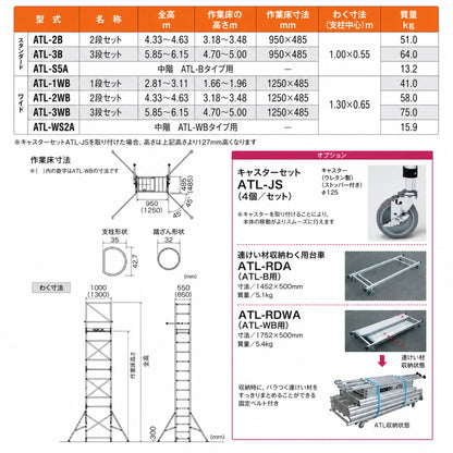 ピカ ハッスルタワー ATL 高所作業台 アルミ製パイプ足場 2段・3段 スタンダード・ワイド ATL-2B ATL-3B ATL-2WB ATL-3WB