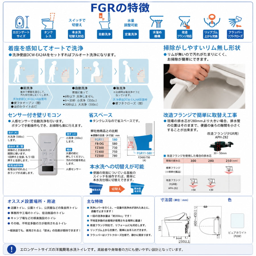 ダイワ化成 簡易水洗トイレ FGR11 グレイスシリーズ フルオート タンクレス 本水洗切替対応